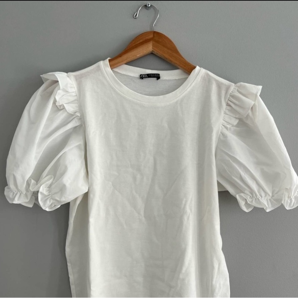 Zara White Bubble Puff Short Sleeve Shirt Blouse Size M